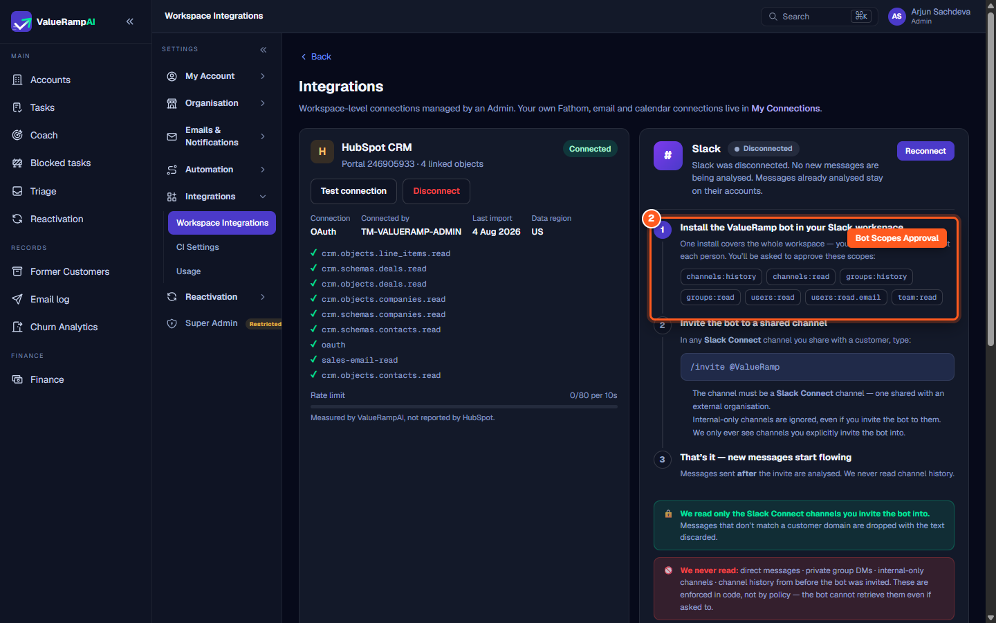 The bot installation guidance detailing required workspace scopes including channels, groups, and user read