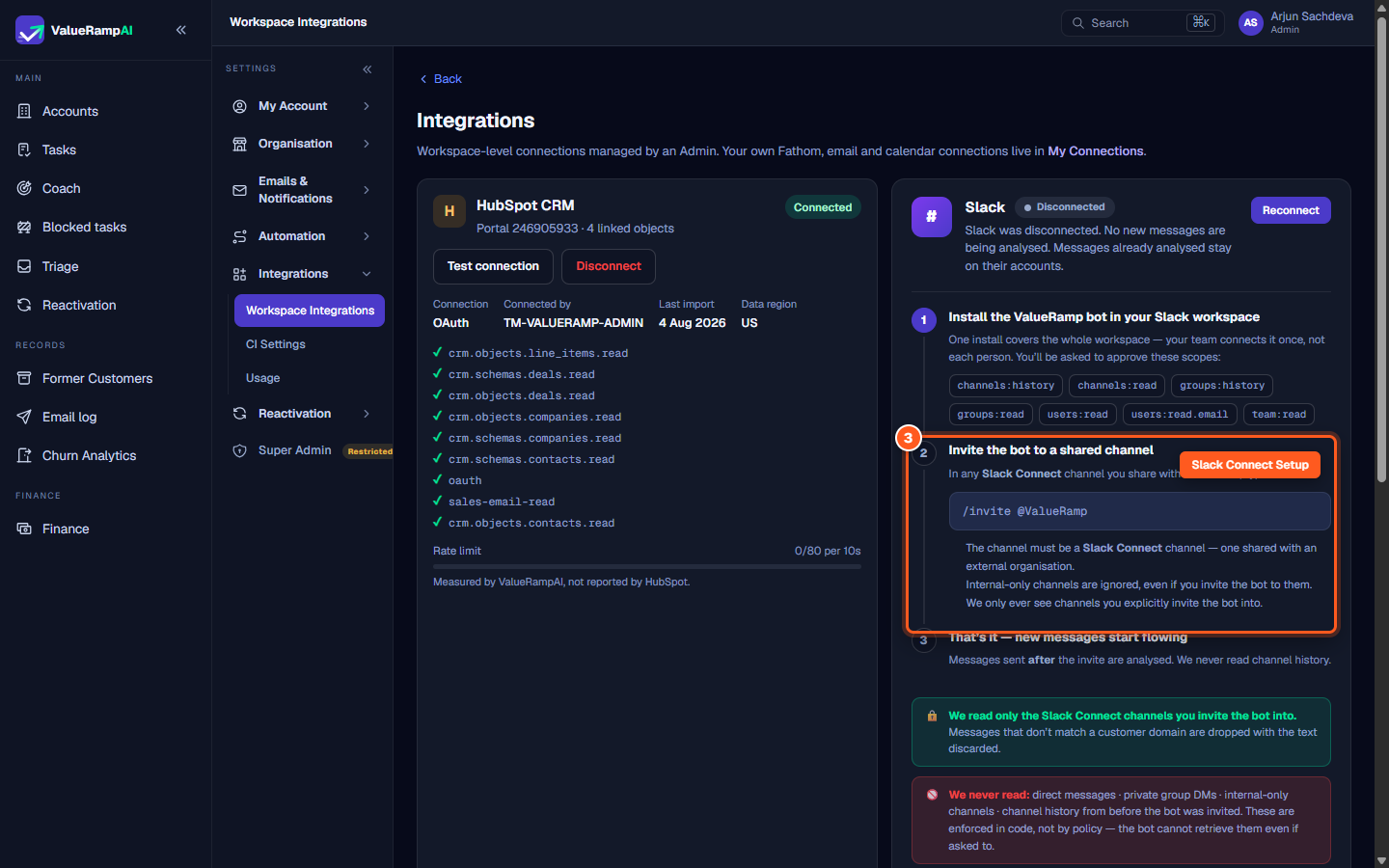 The /invite @ValueRamp command instructions for external customer-shared channels