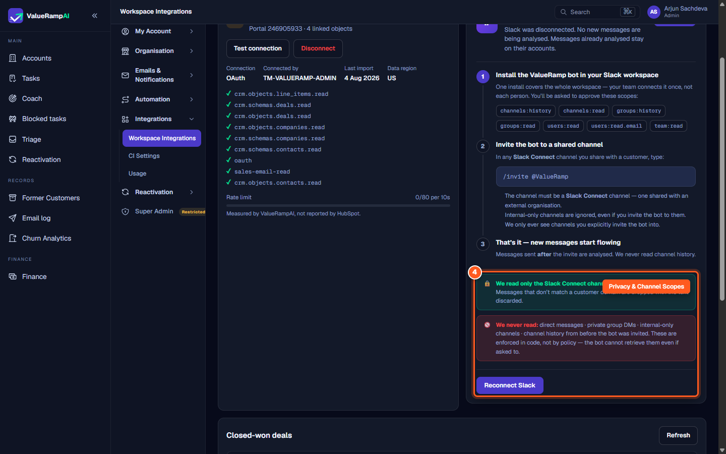 The privacy safeguards block stating that direct messages, private group DMs, and internal channels are never read