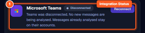 The Microsoft Teams integration card displaying Disconnected status and Reconnect button
