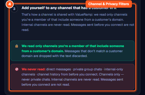 Customer channel matching criteria and strict privacy safeguards excluding internal channels and direct messages