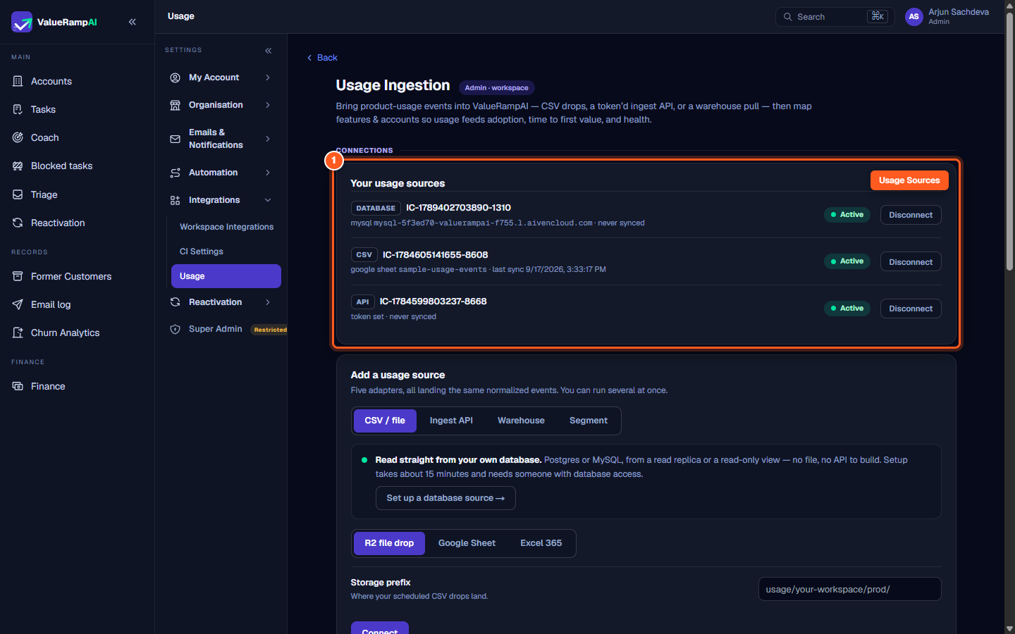 Usage Ingestion overview showing your usage sources and database card