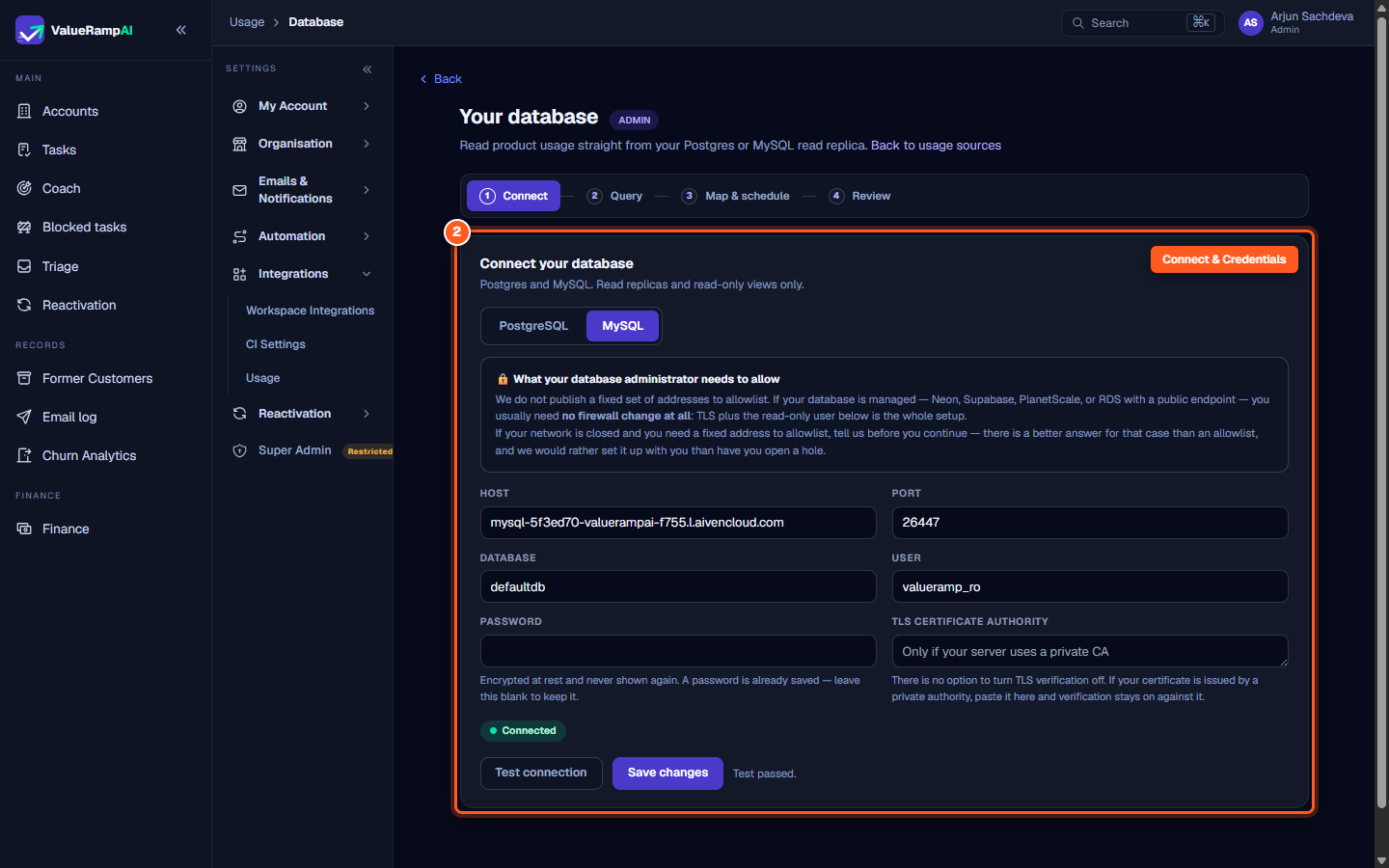 Database connection setup showing engine selection, host, port, database, user, and TLS settings