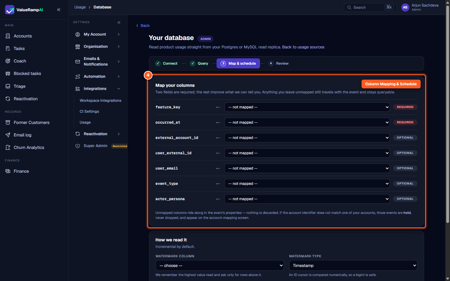 Column mapping screen mapping feature keys, occurred-at timestamps, account attributes, and schedule