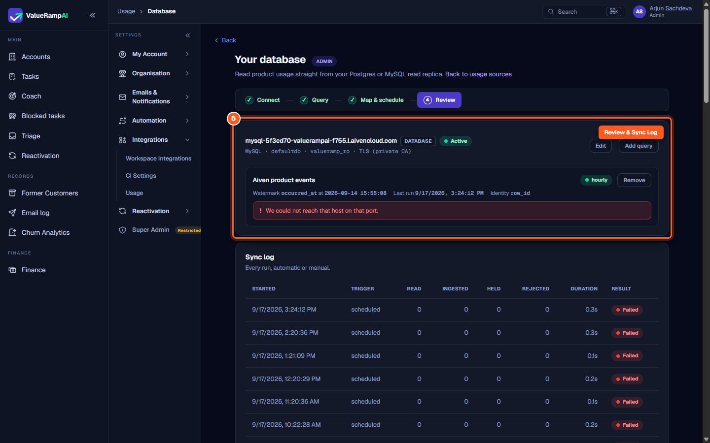 Database source summary showing active configuration, hourly schedule, and sync history audit log