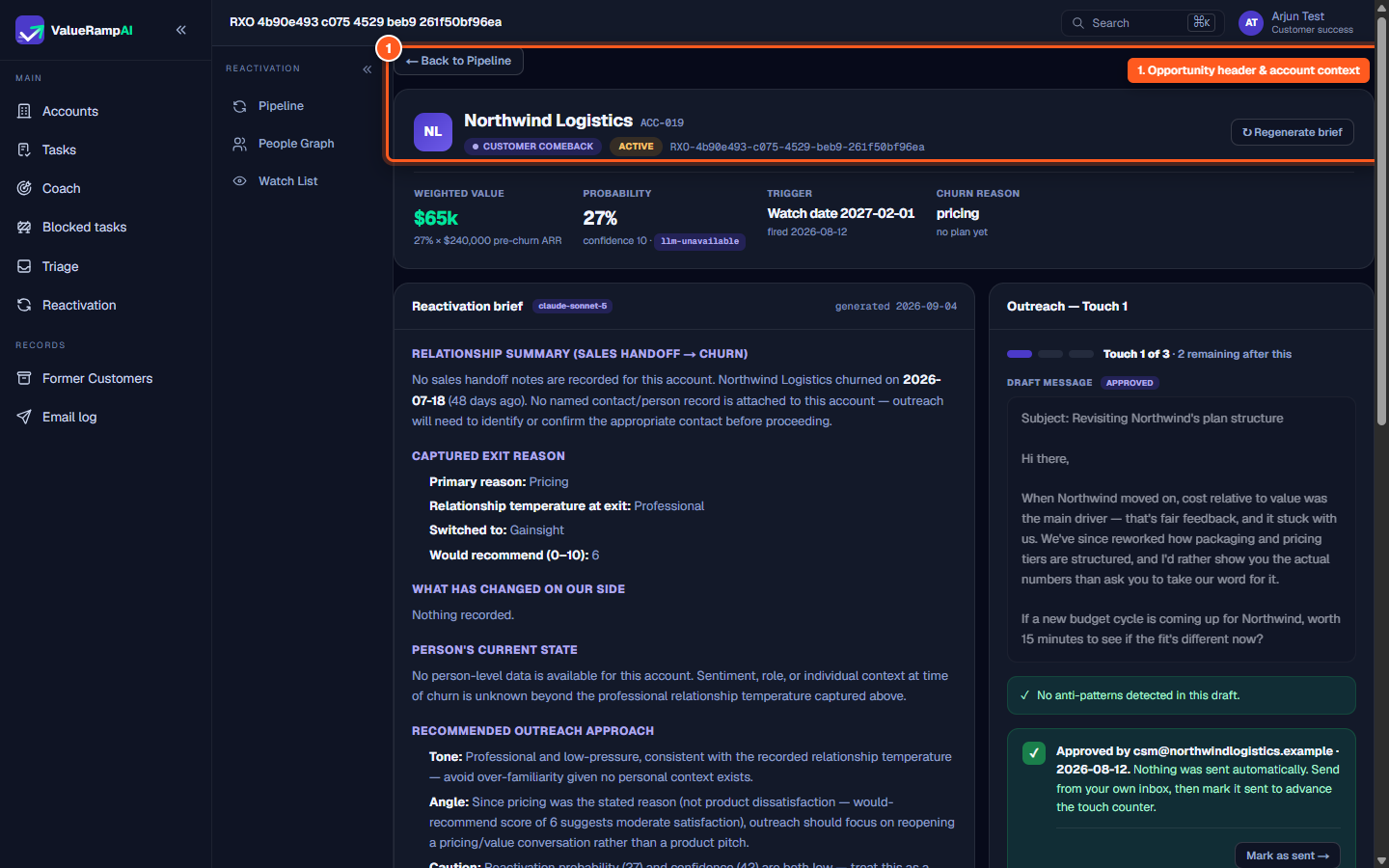 The opportunity workspace header with account name, path, and regenerate brief action