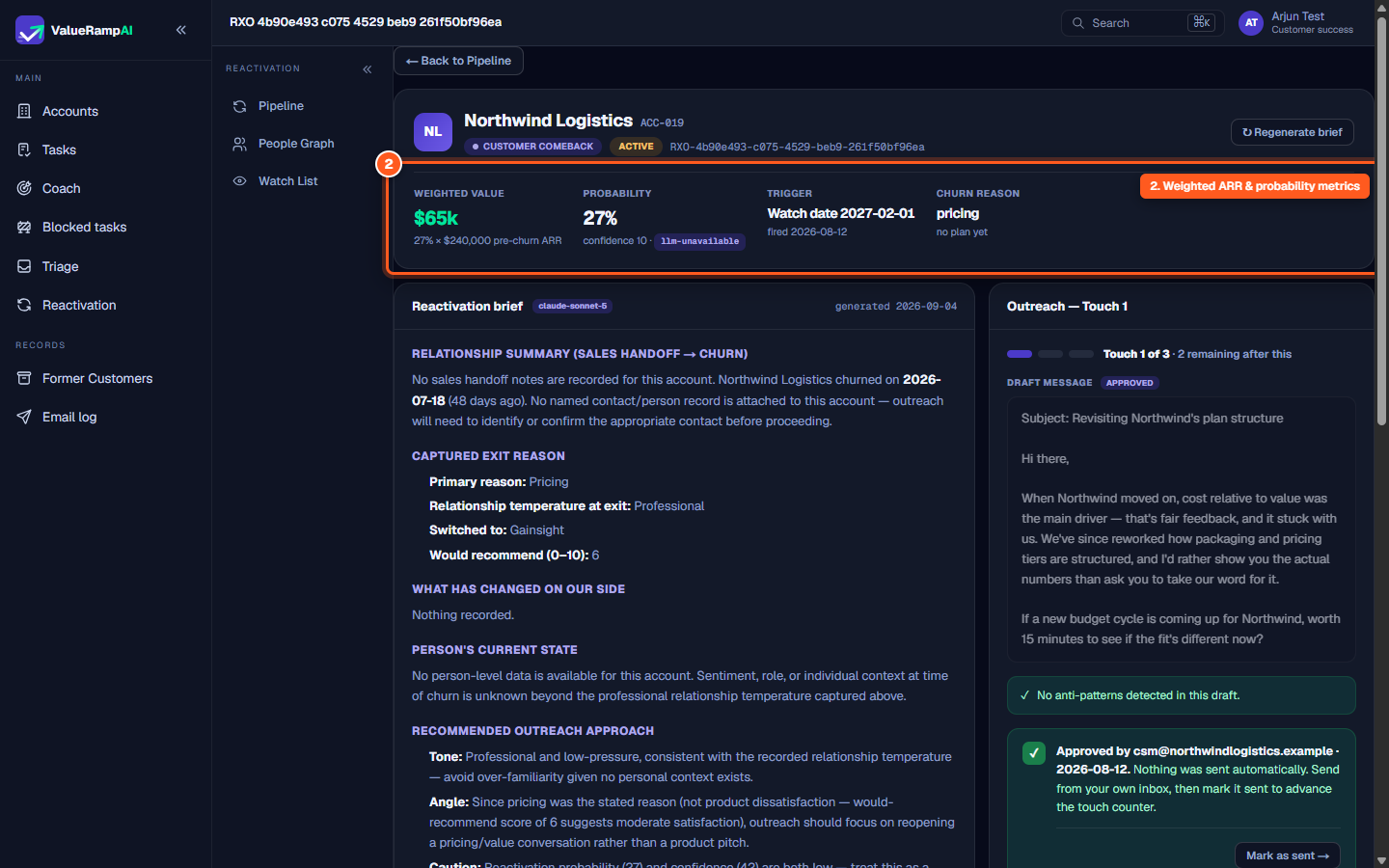 Metric banner showing weighted value, probability percentage, trigger date, and churn reason