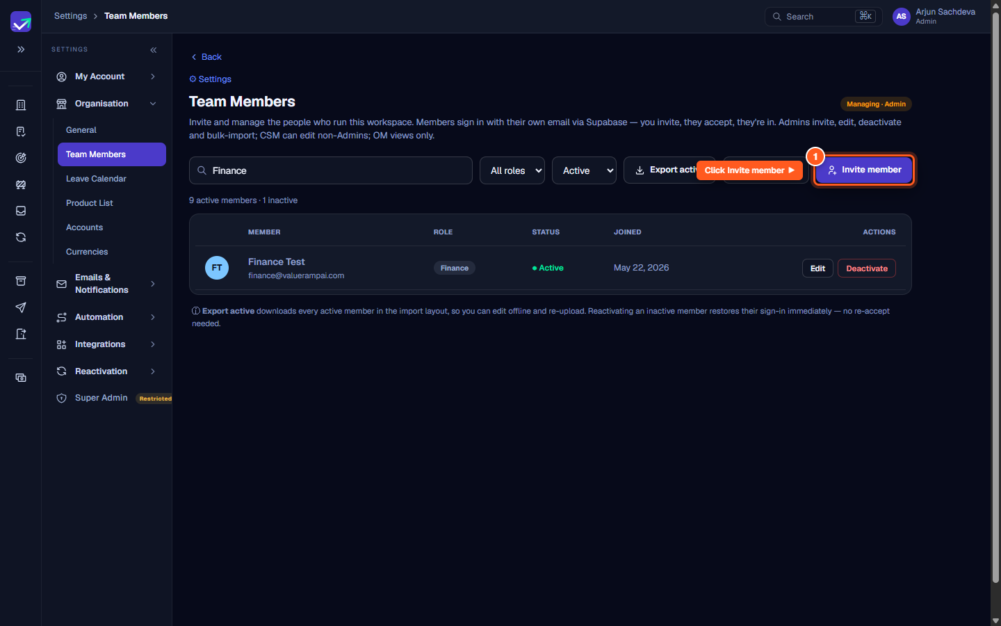 The Team Members toolbar with the Invite member button highlighted