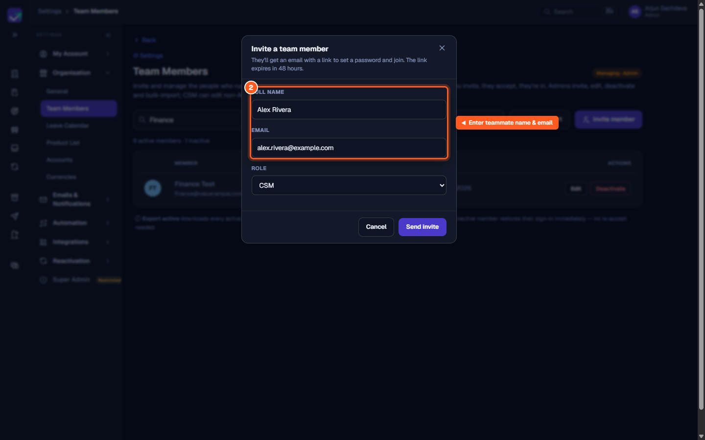 The invite modal displaying full name and email input fields