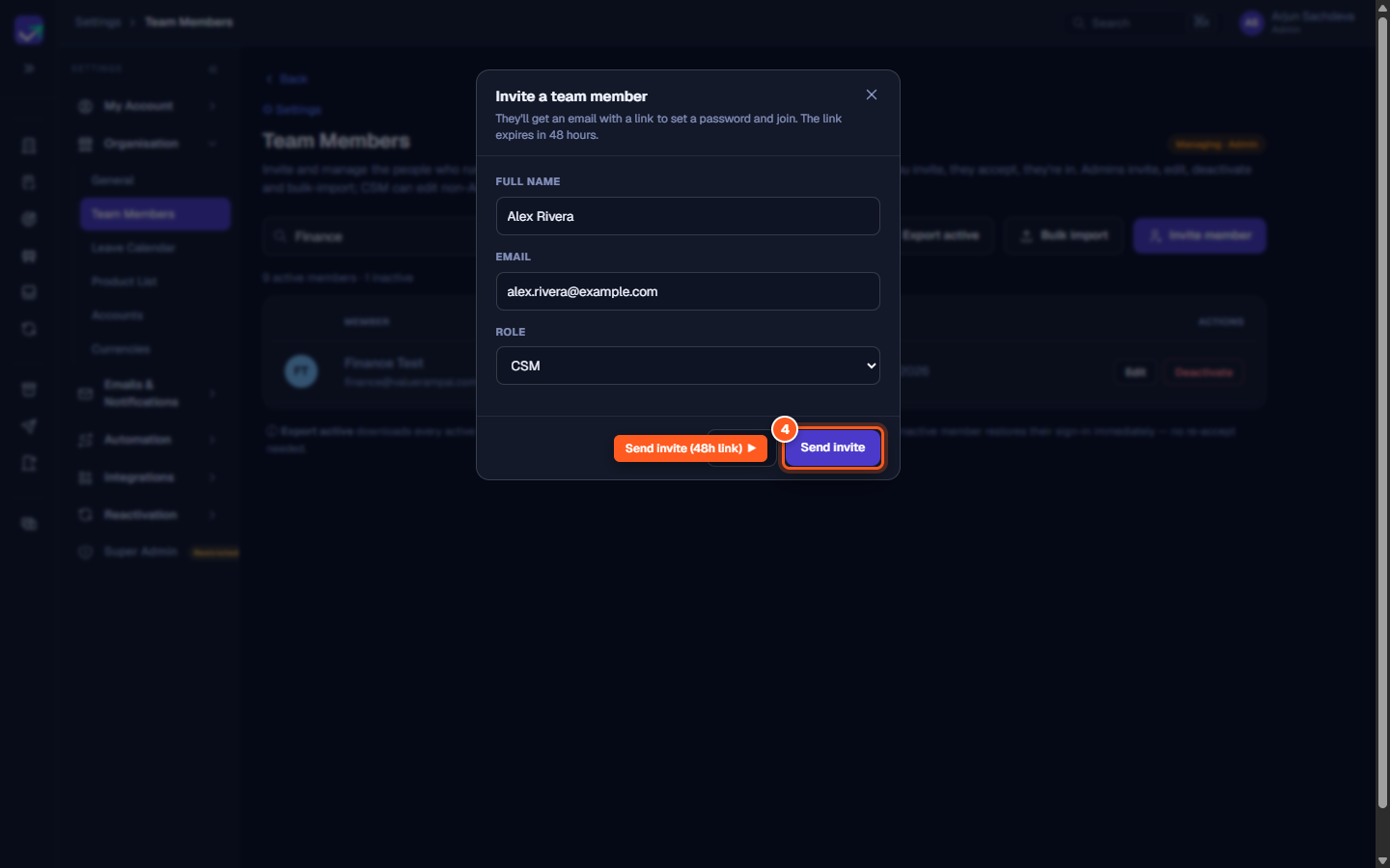 The Send invite button in the modal footer highlighting the 48-hour expiration note