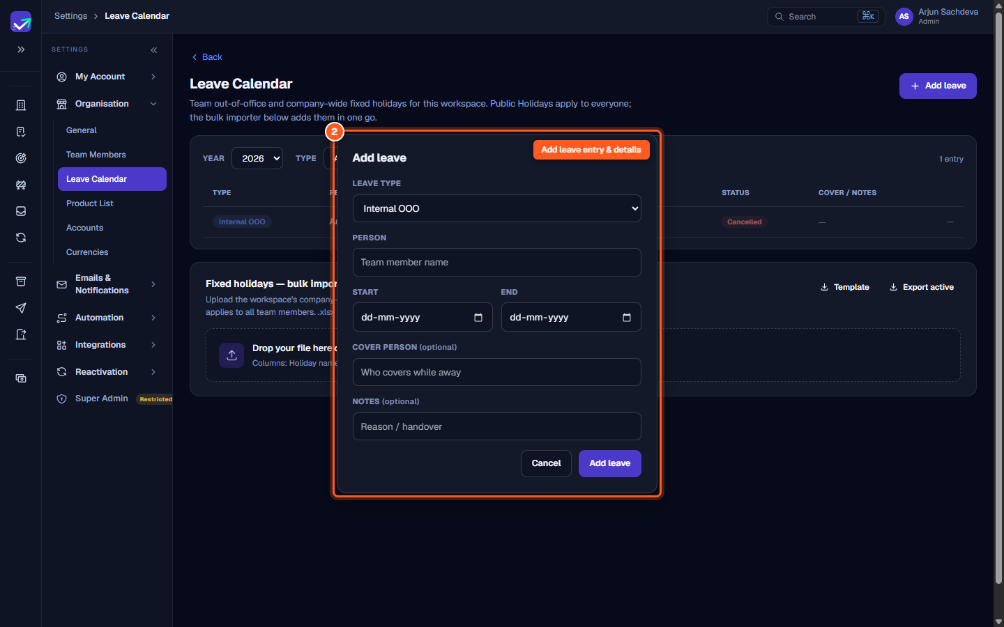 The Add leave modal showing fields for leave type, person, start and end dates, cover person, and notes