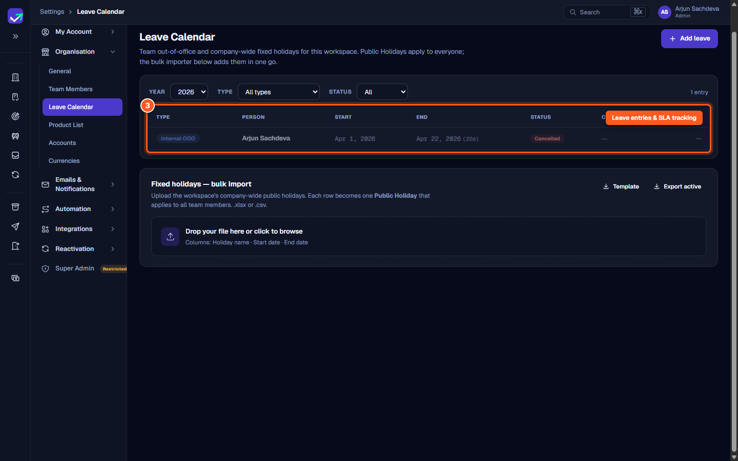 The Leave entries table displaying type badges, team member name, date span, and status