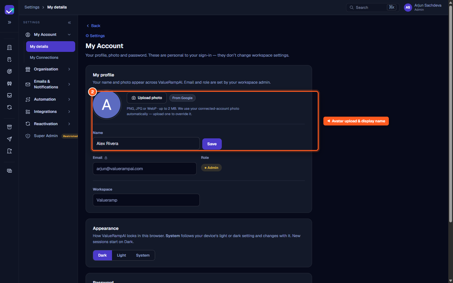 The avatar upload button and display name field in the My profile card