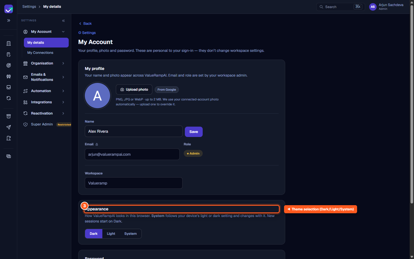 The Appearance settings panel with Dark, Light, and System theme buttons