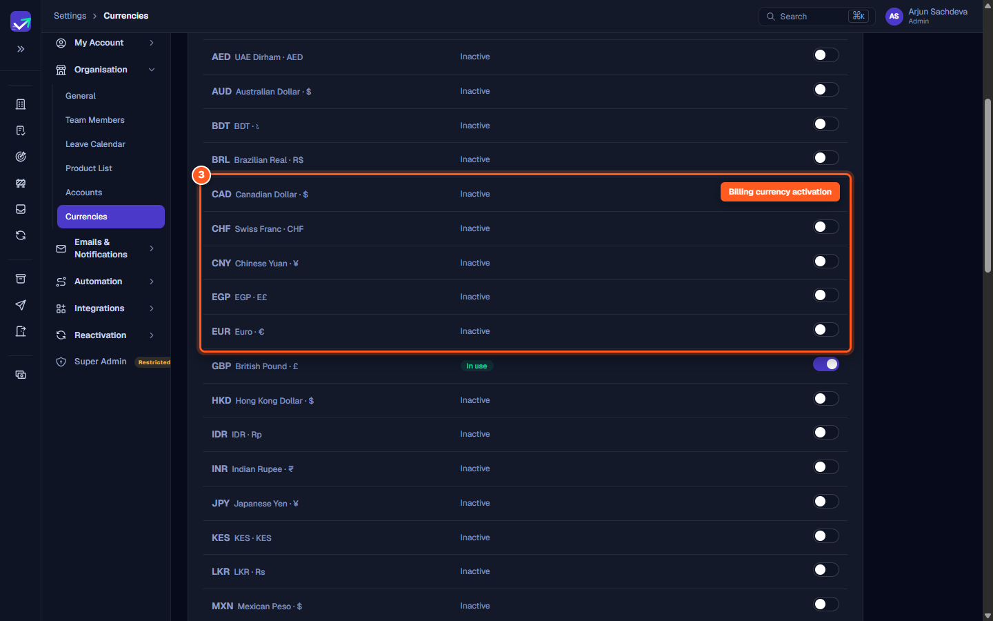 The Available currencies list showing toggle switches and the Save changes button