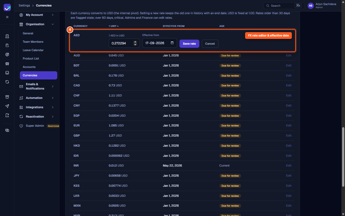 The FX rates table showing the inline exchange rate editor with rate input, effective date, and Save rate button