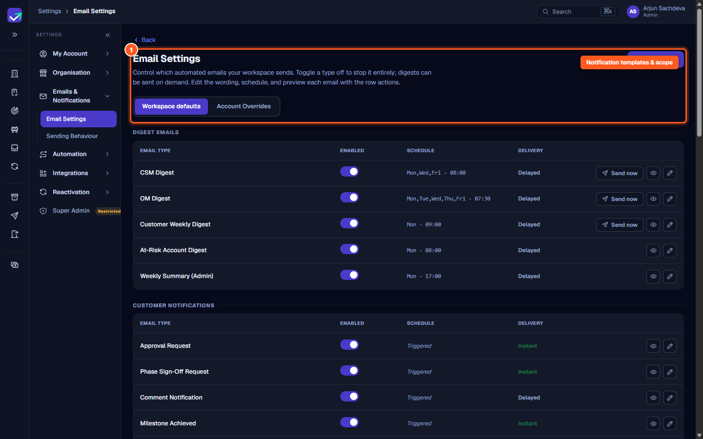 The Email Settings header showing Workspace defaults and Account Overrides scope selector