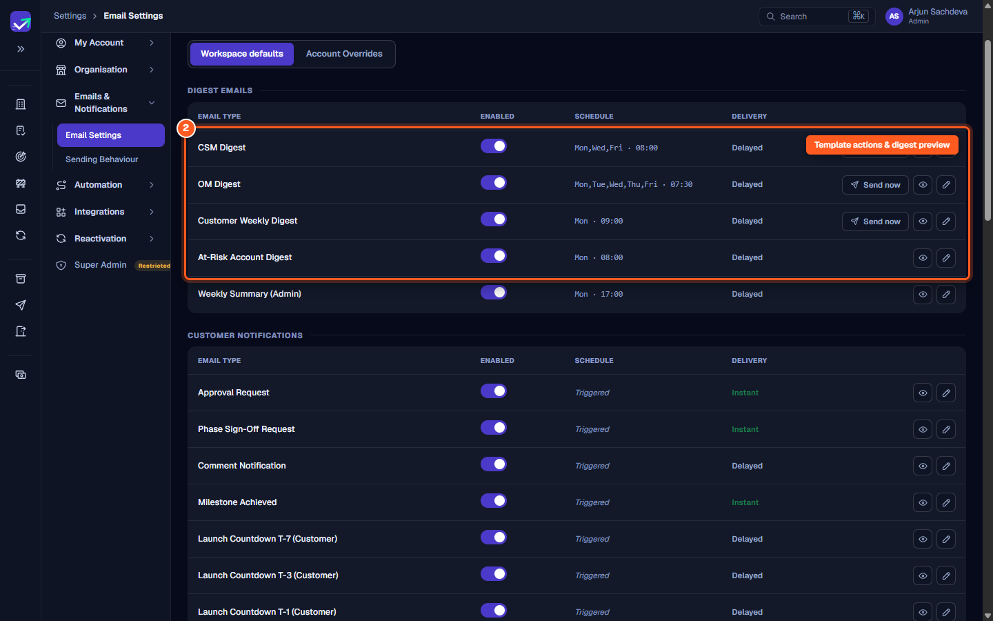The notification templates table showing digest types with toggle switches, Preview, and Edit buttons