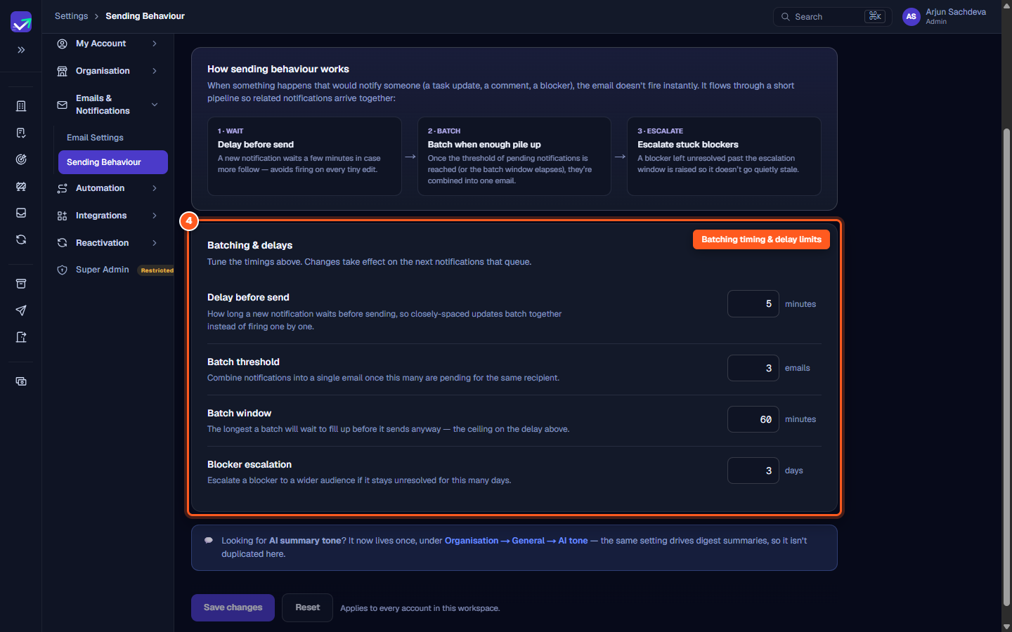 The Batching and delays configuration card with input fields for delays and the Save changes button