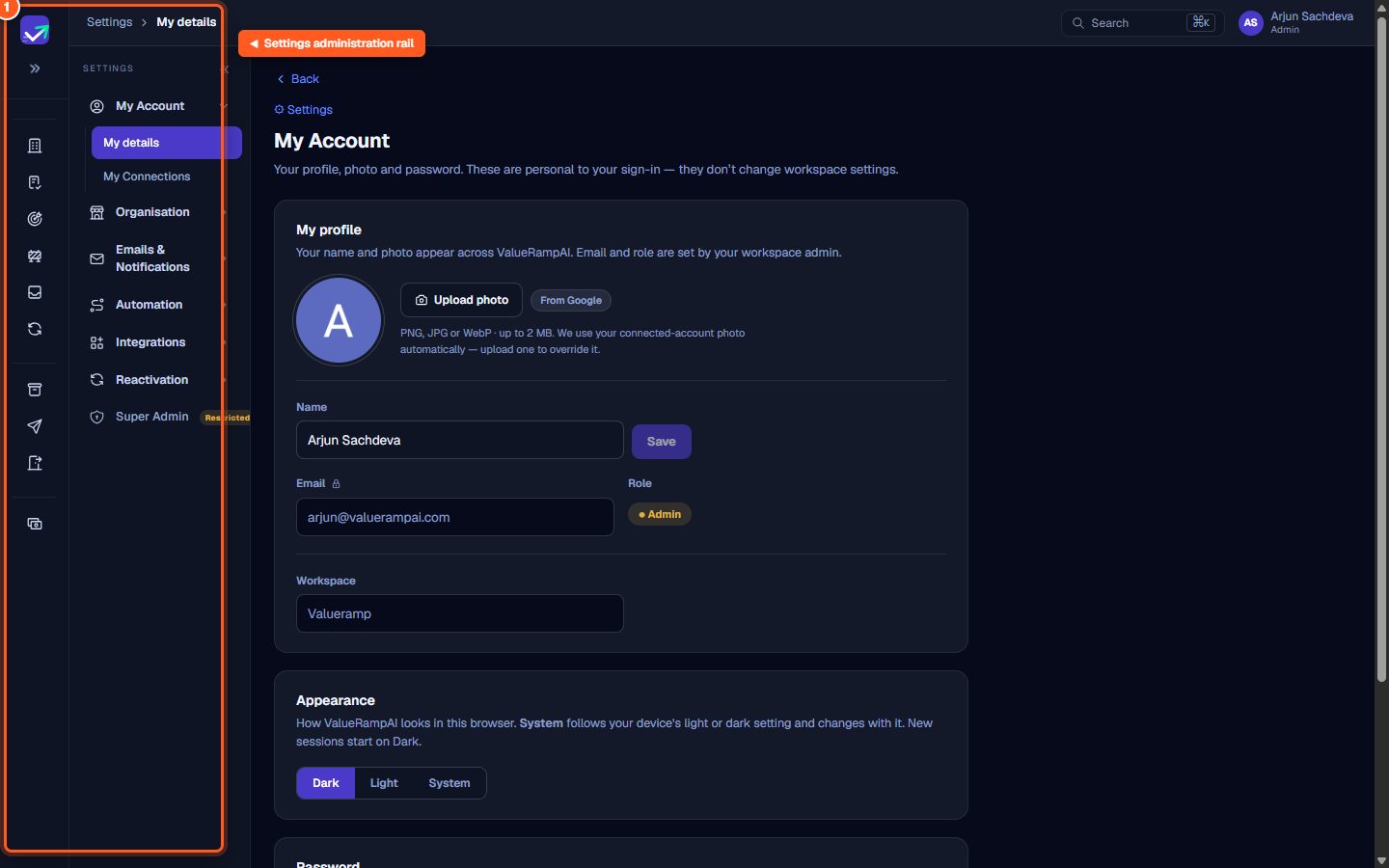 The Settings overview showing the secondary navigation rail and My Account landing view
