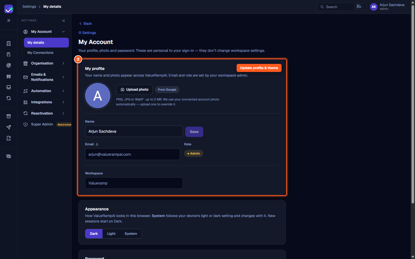 The My details settings panel displaying personal profile information and theme options