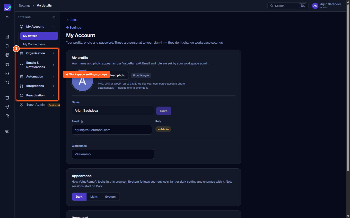 The Settings sidebar highlighting workspace administration groups