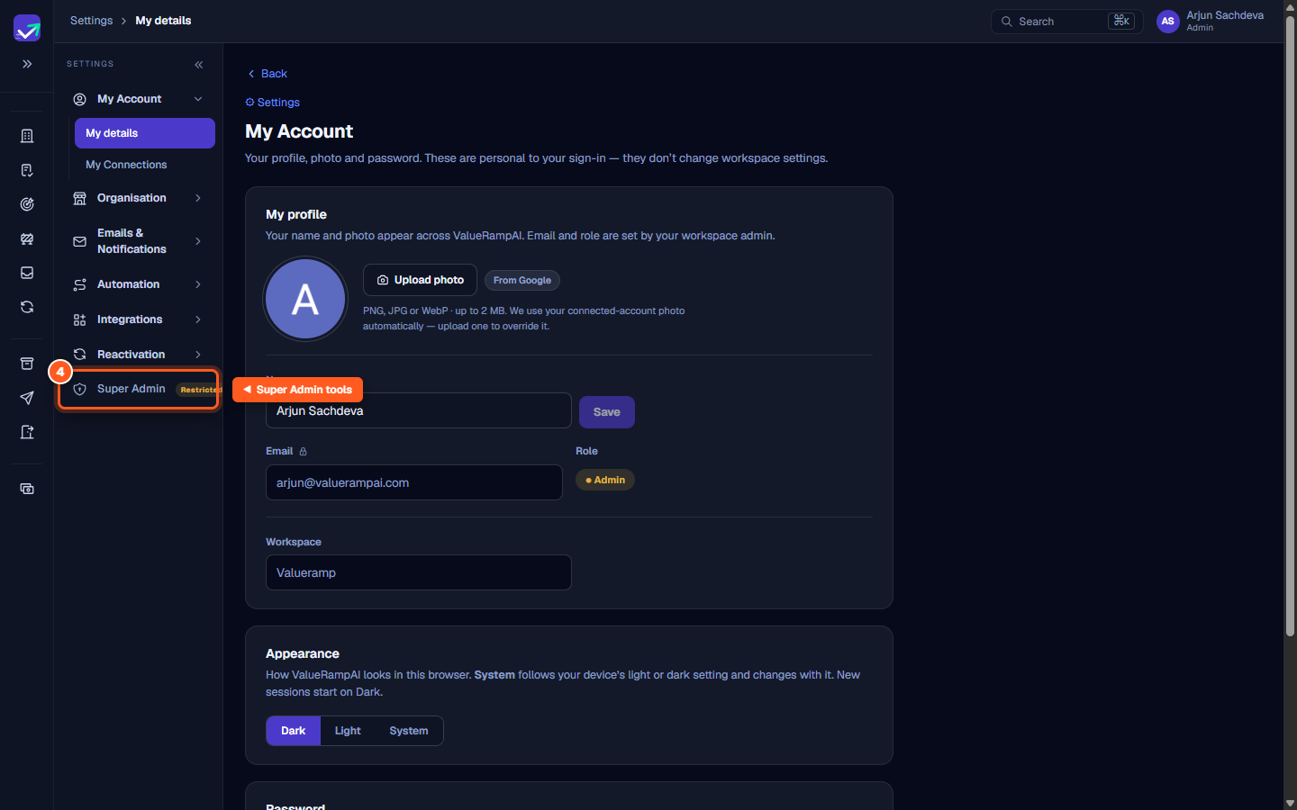 The Super Admin entry point in the Settings navigation rail