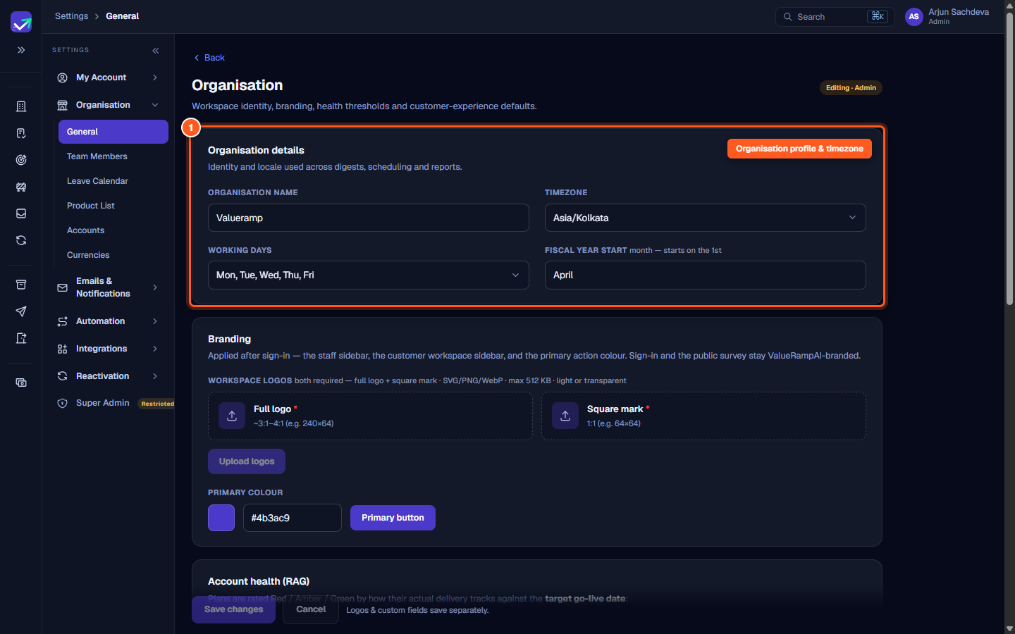 The Organisation details settings panel showing company name, operating timezone, working days, and fiscal year start