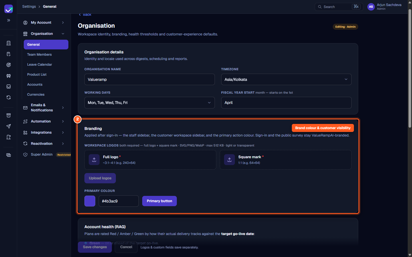 The Branding and Customer experience settings panel showing primary color picker and customer toggle switches