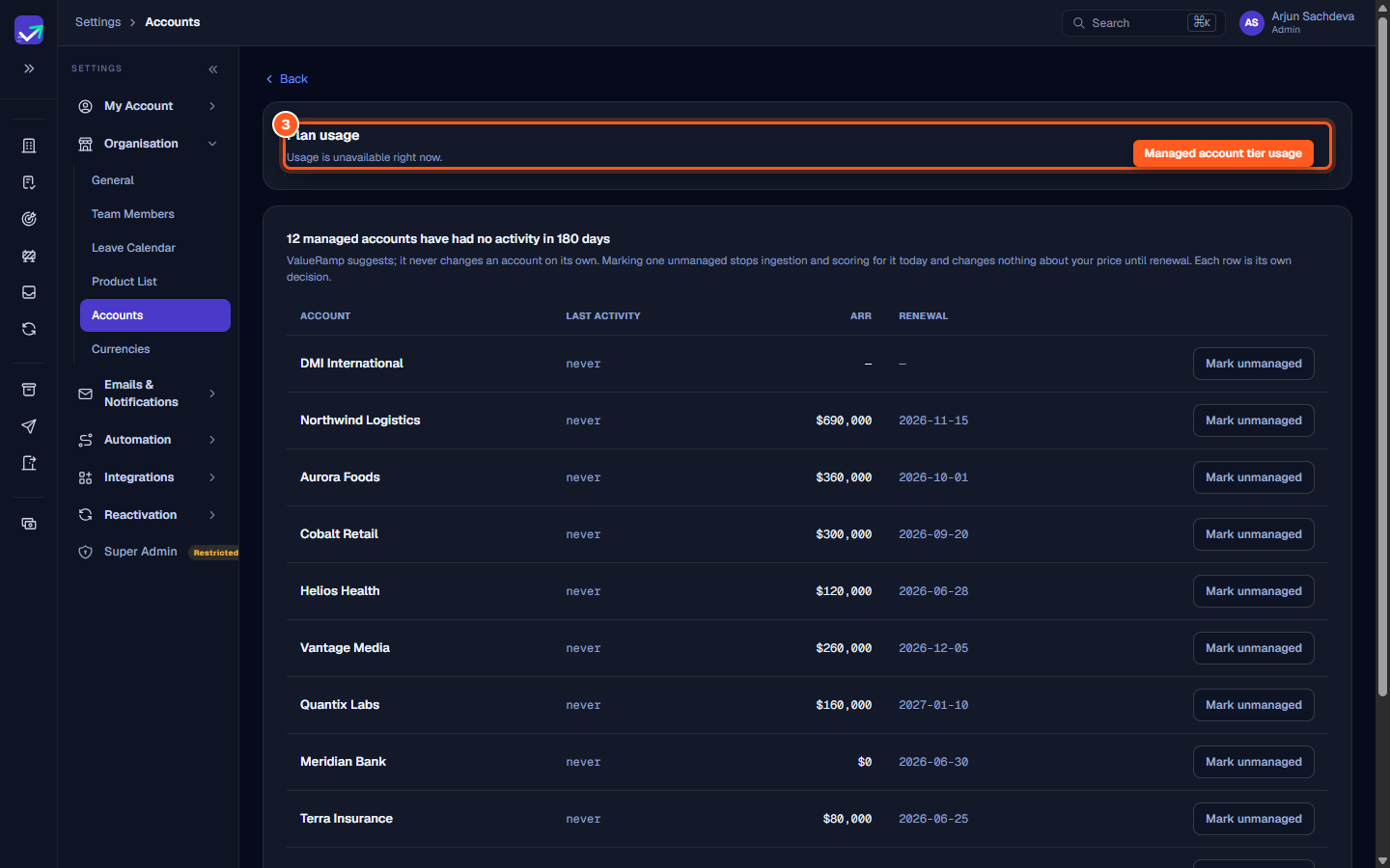 The Plan usage card showing managed account capacity and subscription tier ceilings