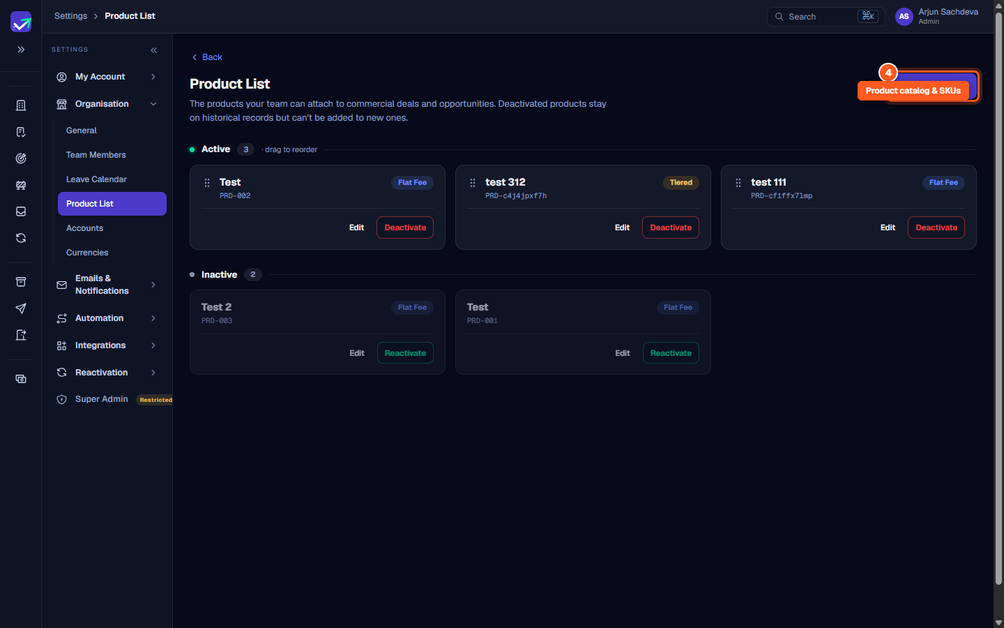 The Product List catalog header with the Add product button and active product cards