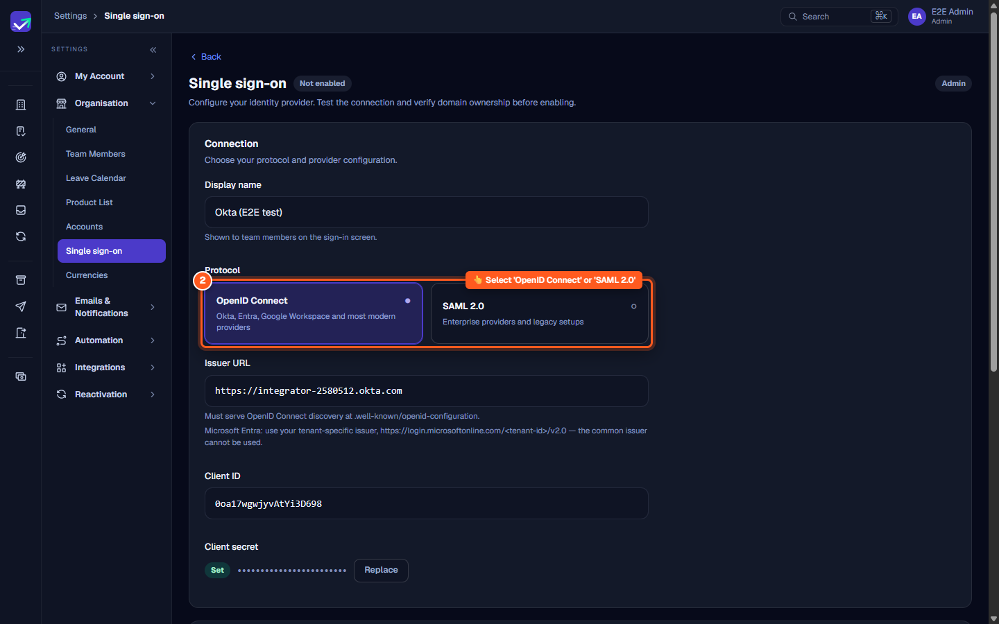 Protocol selection cards for OpenID Connect and SAML 2.0 with Issuer URL and Client ID inputs