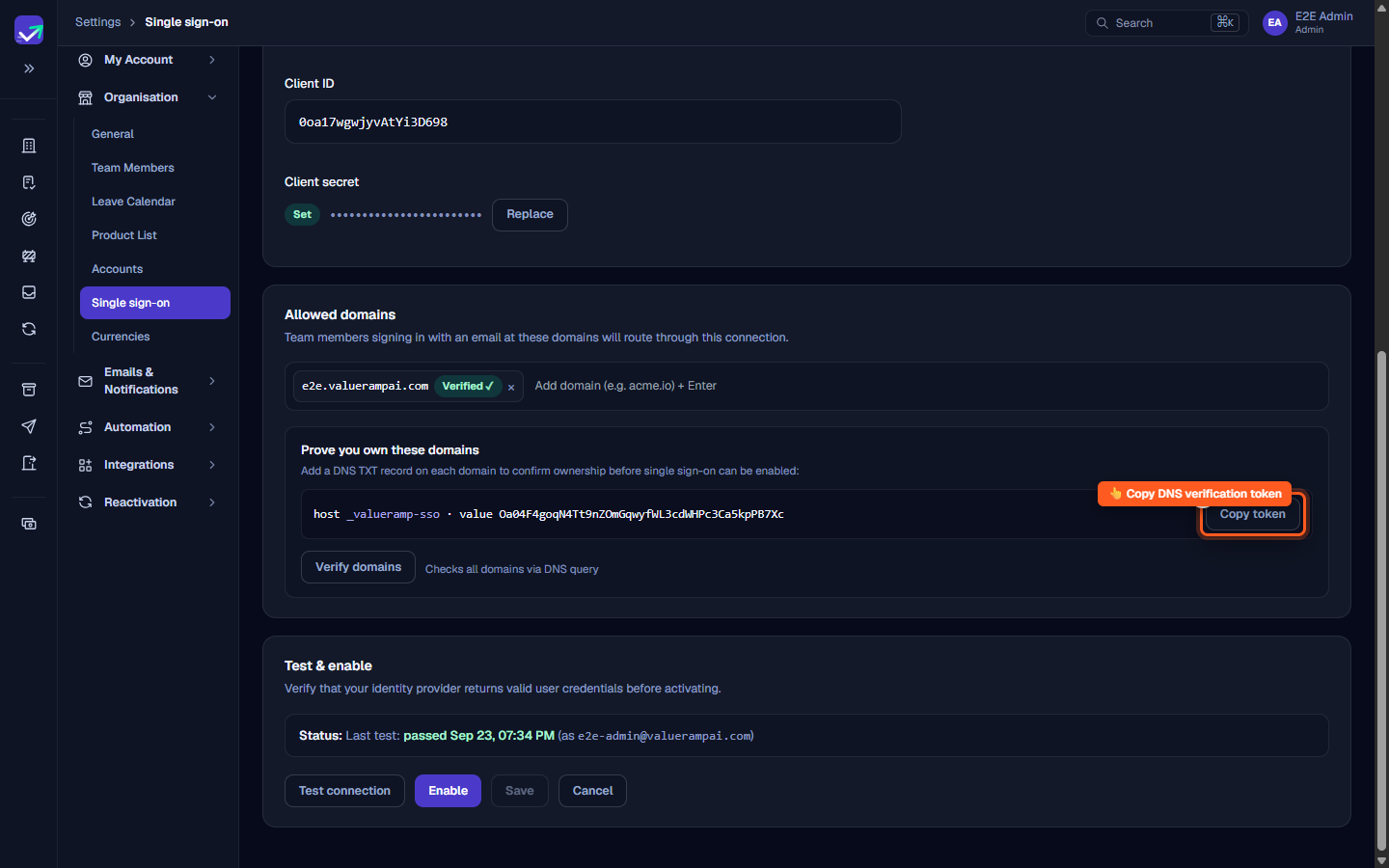 The Allowed domains input and DNS TXT verification token with host _valueramp-sso and Copy token button