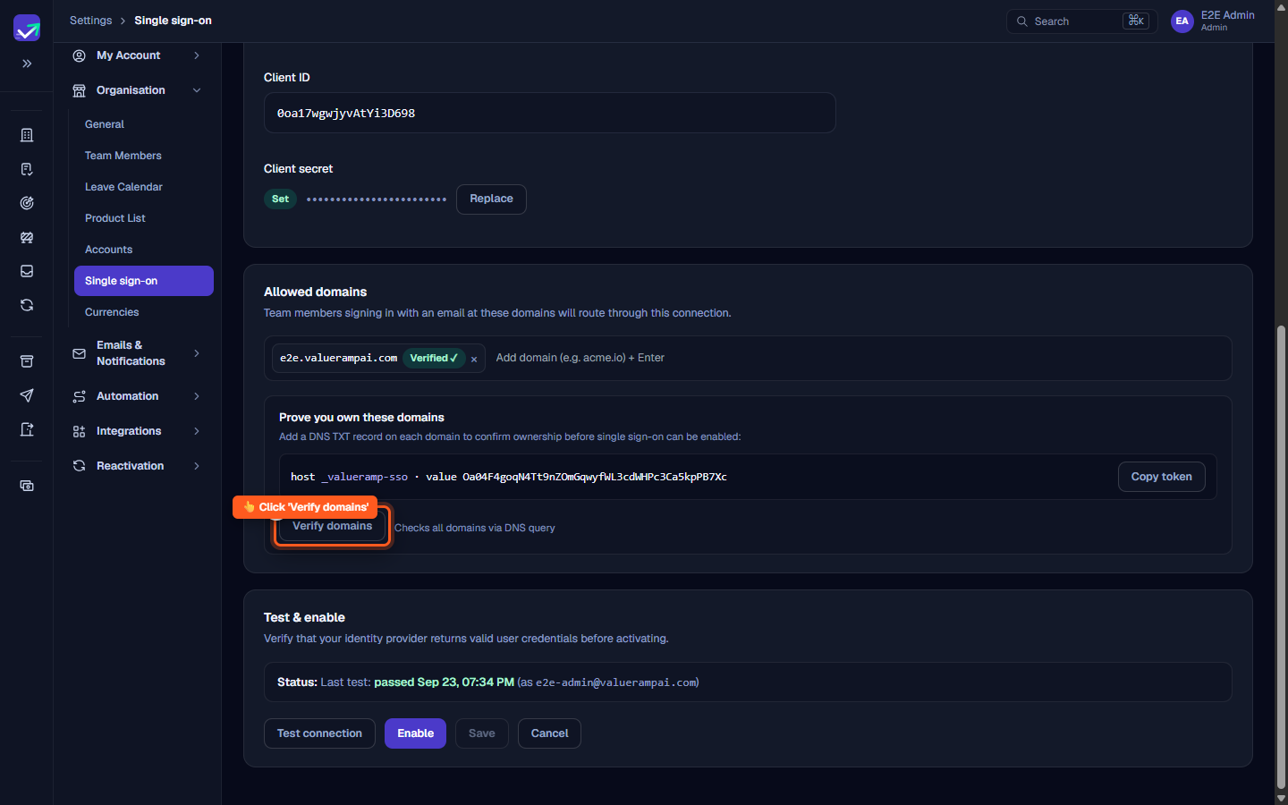 The Verify domains button and confirmed domain tags with green verified badges