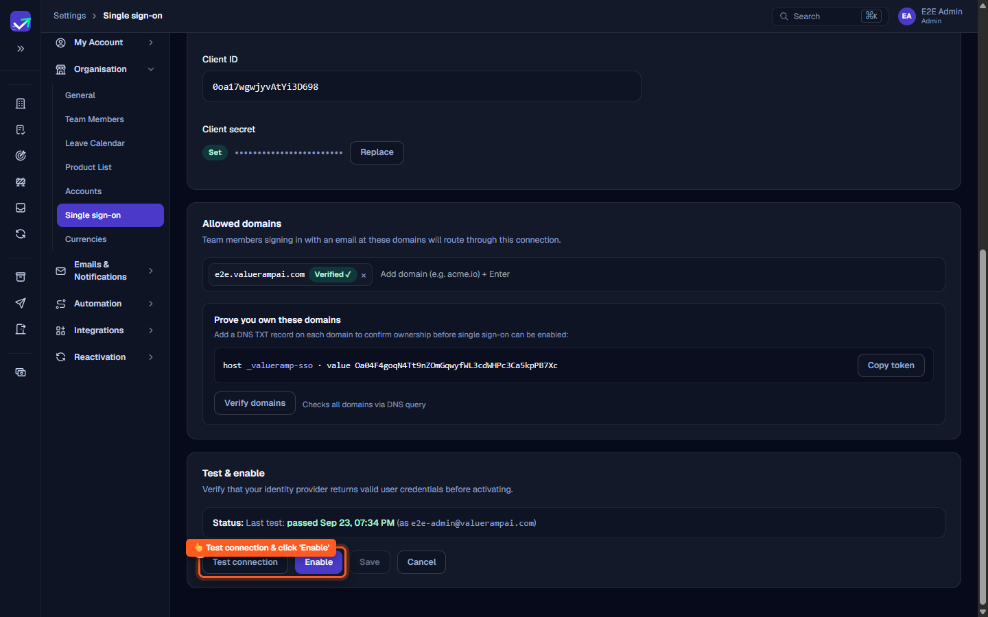 The Test and enable section showing the last test timestamp, Test connection button, and Enable button