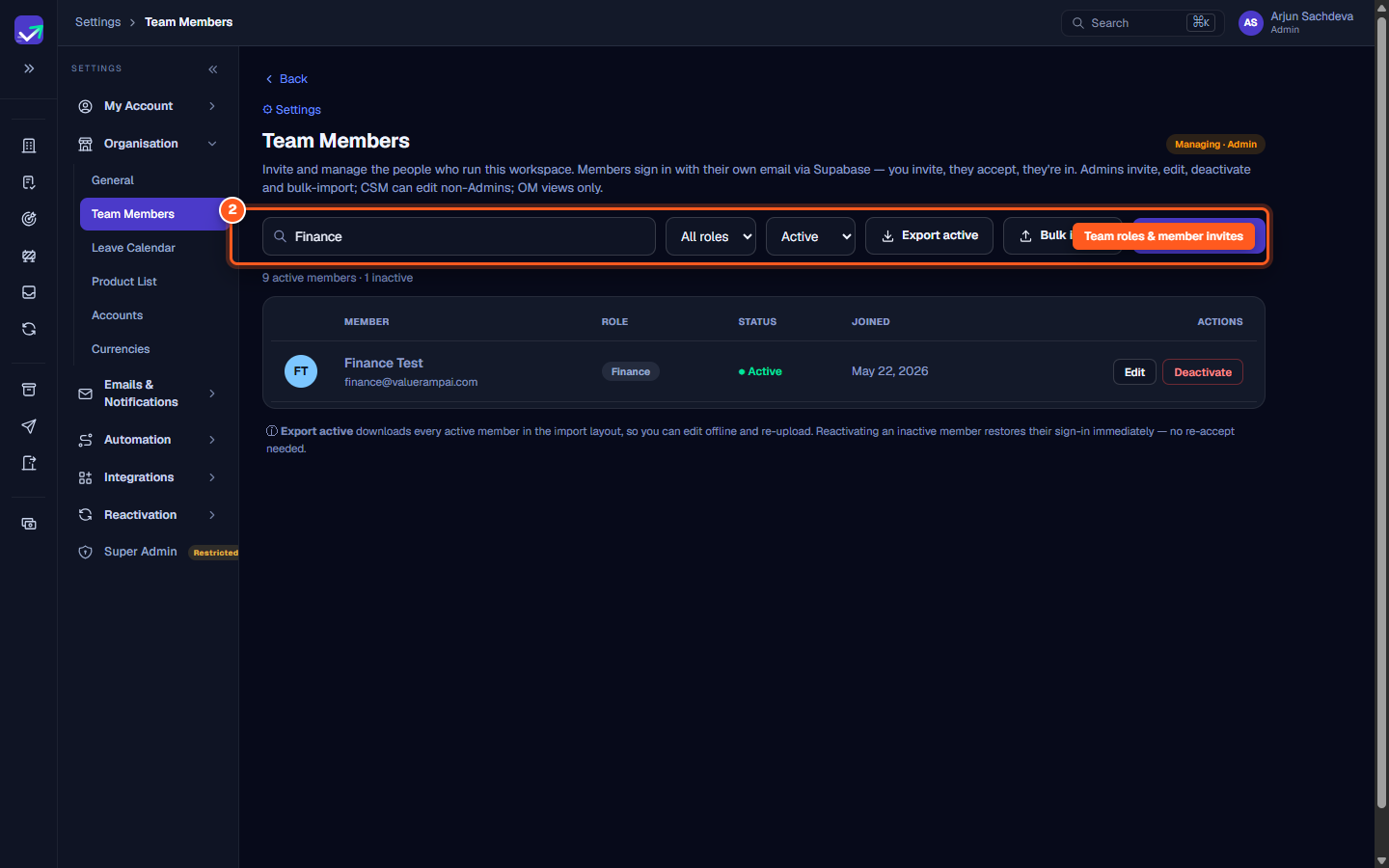 The Team Members management toolbar with role filtering and invitation actions