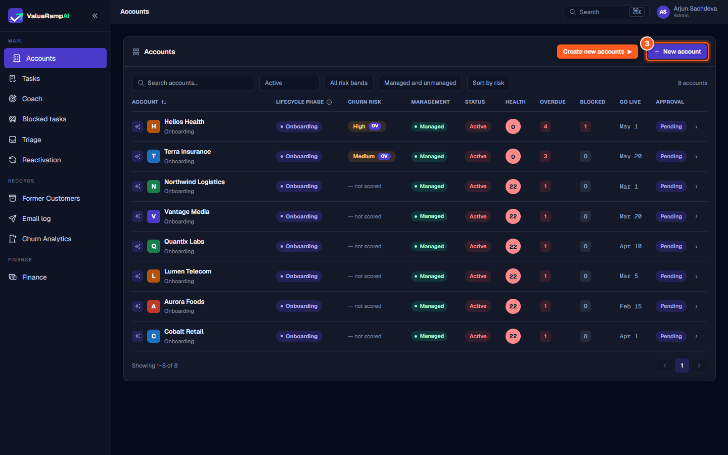 The Accounts directory showing the New account button and lifecycle filter controls