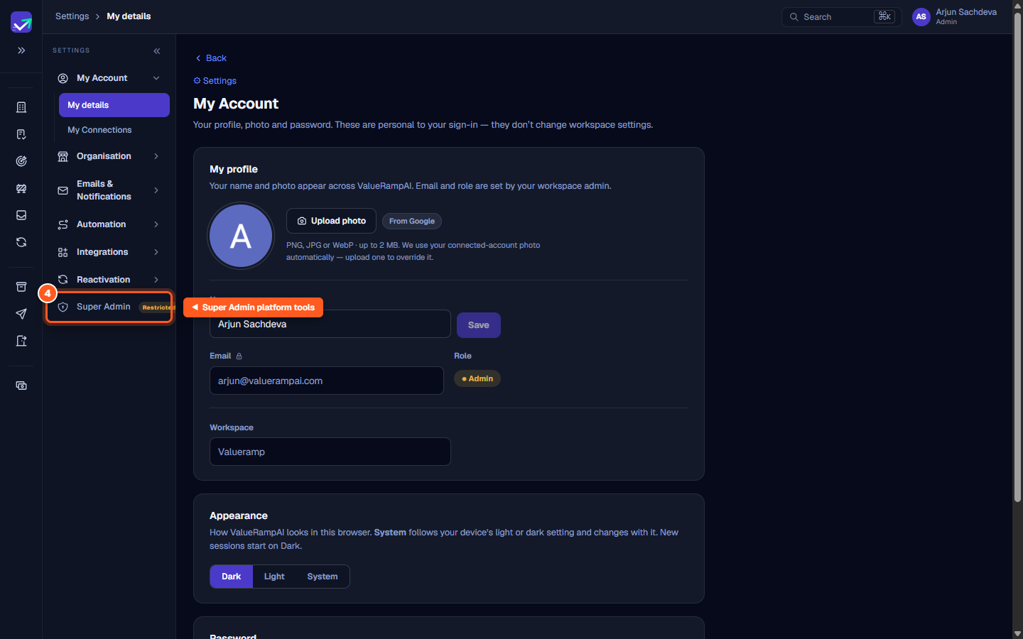 The Super Admin platform tools link located at the base of the settings rail