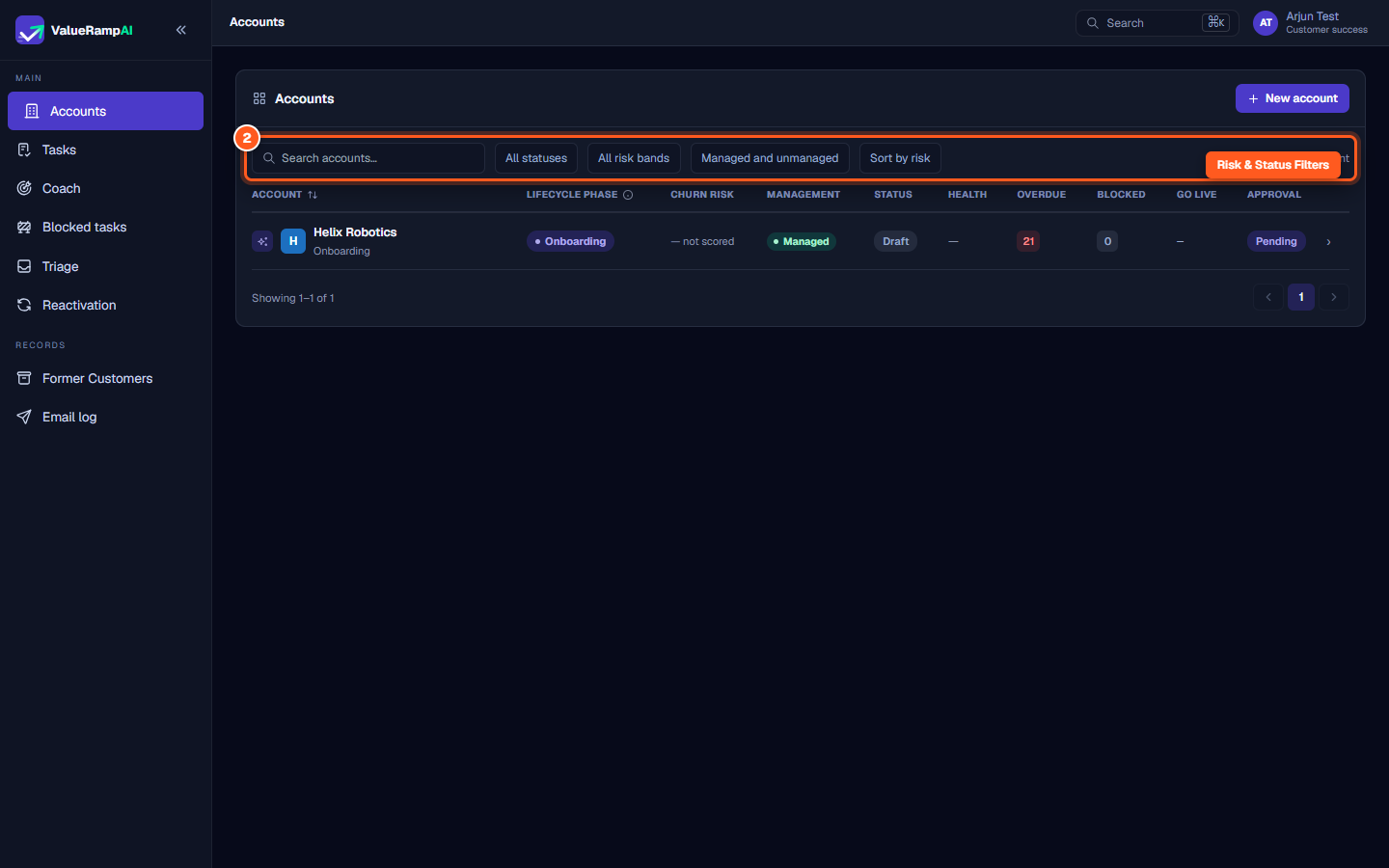 Accounts directory filter bar with controls for status, risk bands, and management tier