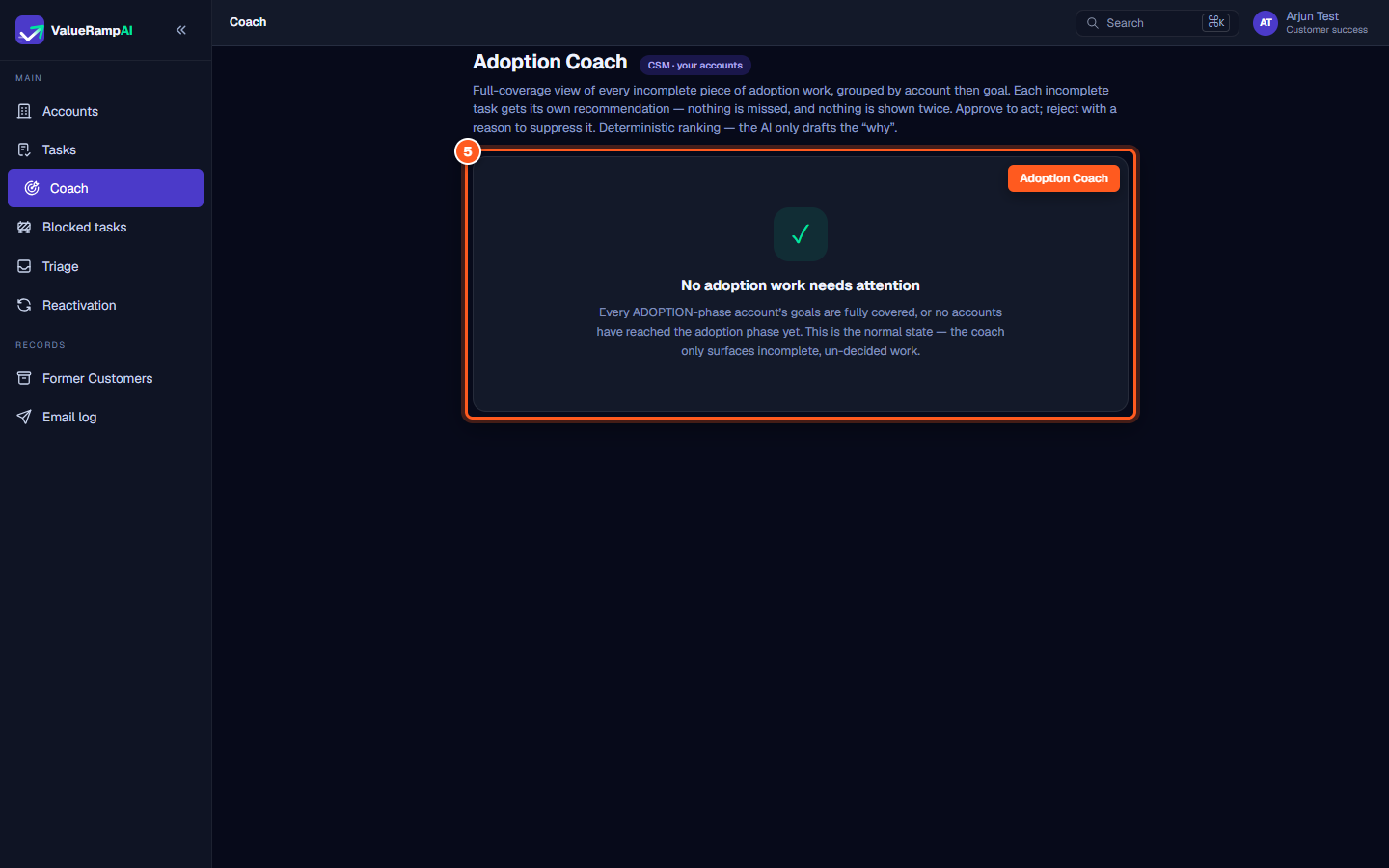 The Adoption Coach dashboard showing incomplete adoption work and AI-drafted recommendations