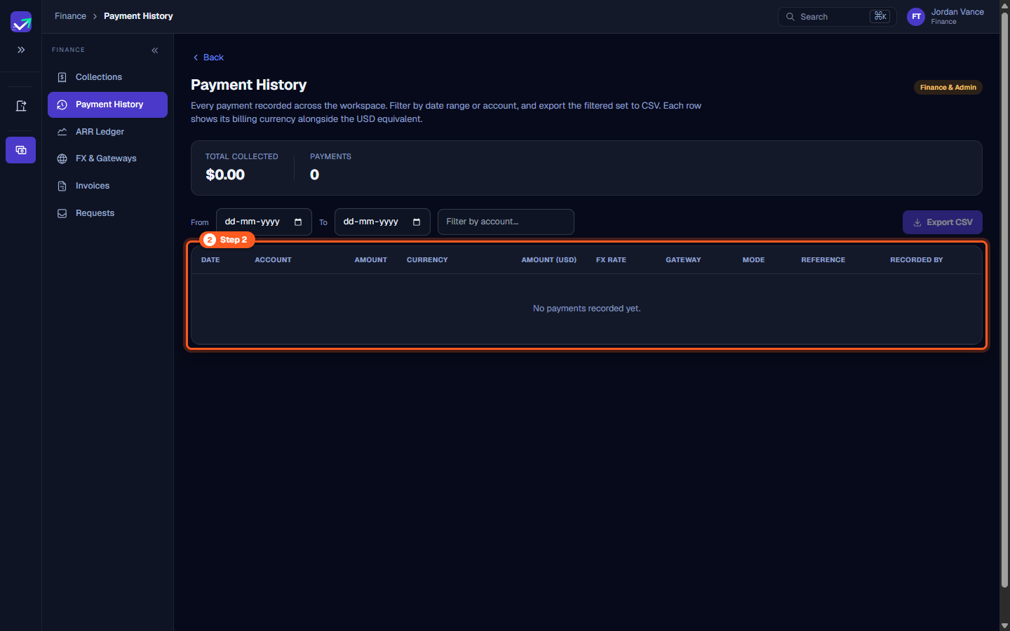 Payment History table showing completed transactions, gateway sources, and export to CSV control