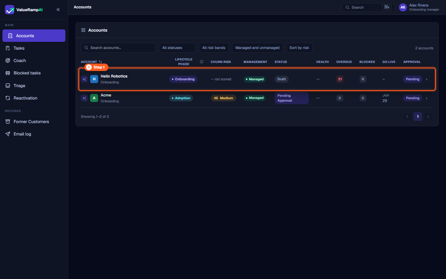 Accounts directory displaying customer accounts in the Onboarding lifecycle phase with go-live dates
