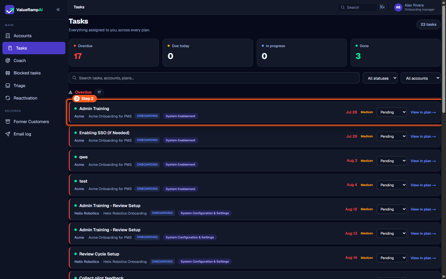 Centralized Tasks workspace displaying task cards with customer account, plan name, and execution actions
