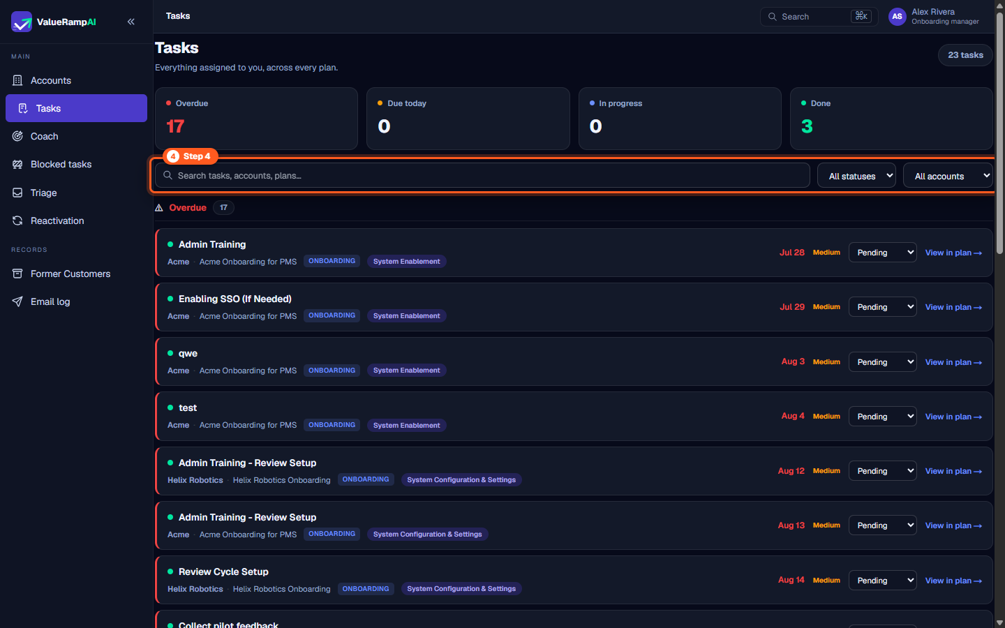 Task list filter bar with status dropdown, account selector, and inline status action buttons