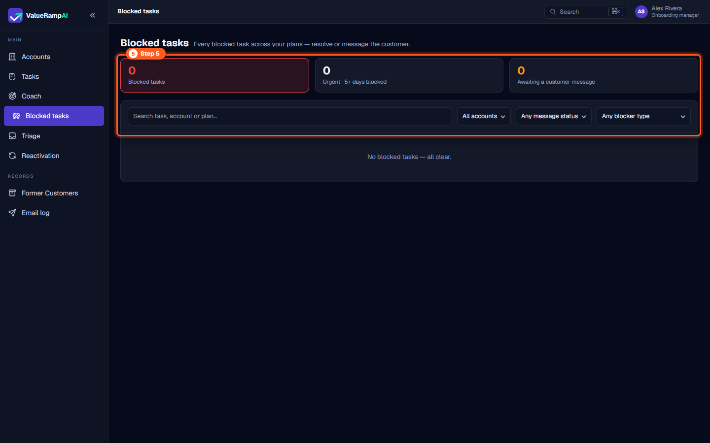 Blocked tasks workspace showing summary metrics, urgent blocker counts, and account filter controls