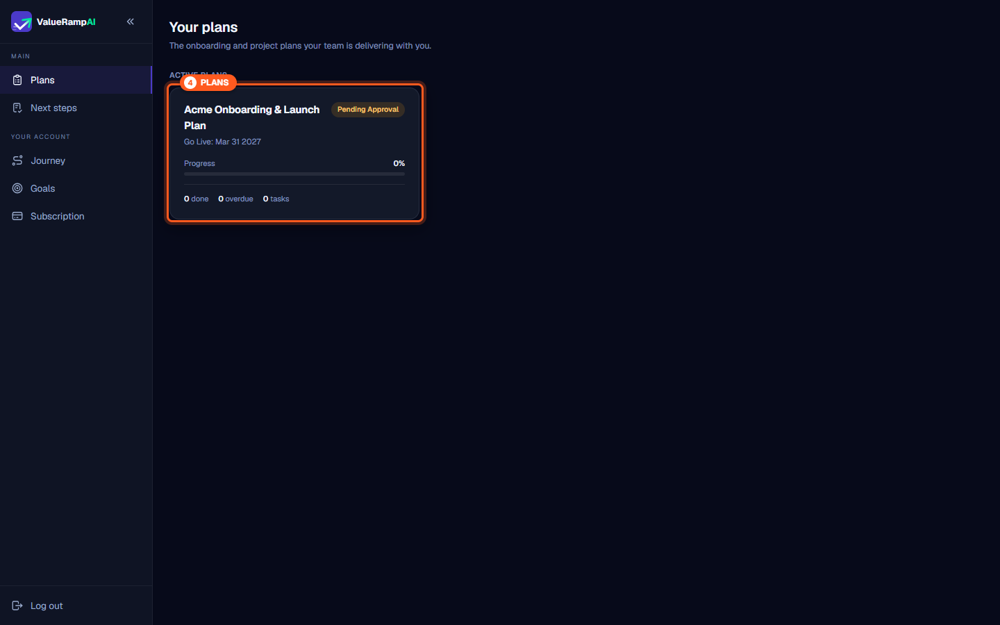 Active plans view displaying plan card with target go-live date and pending approval status