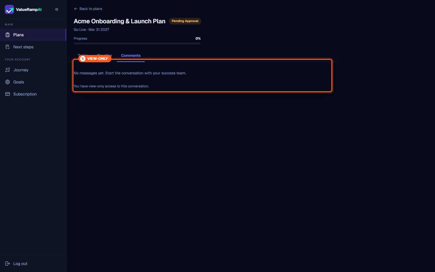 Plan detail comments view displaying view-only access notification banner and no input controls